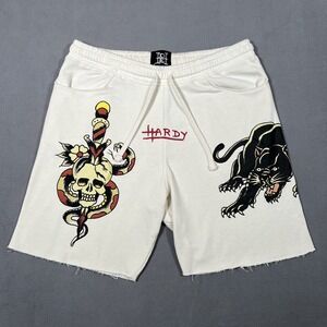 Ed Hardy Men's Cream Panther Skull Snake Graphic Print Sweat Shorts Size M